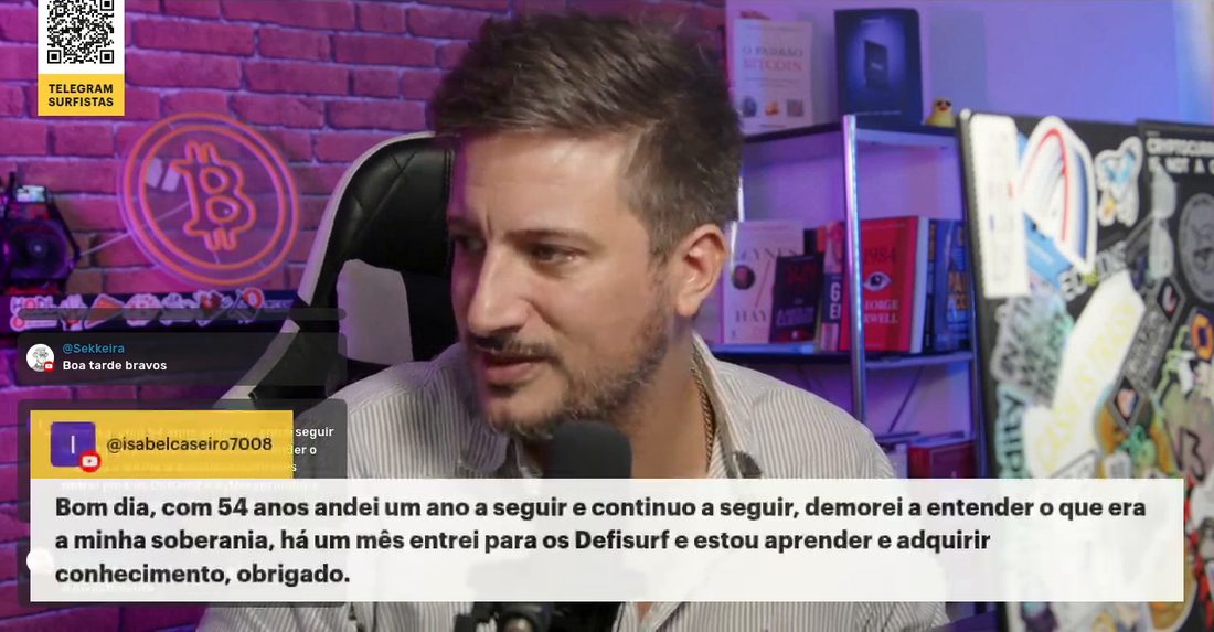 Live do Surfista Crypto com o comentário de @isabelcaseiro7008 no ecrã: Bom dia, com 54 anos andei um ano a seguir e continuo a seguir, demorei a entender o que era a minha soberania, há um mês entrei para os Defisurf e estou aprender e adquirir conhecimento, obrigado.